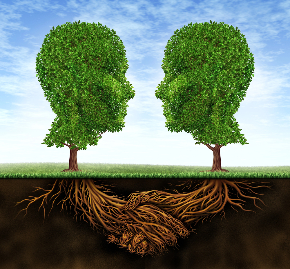 two heads as trees facing each other and roots meeting symbolising dialogue