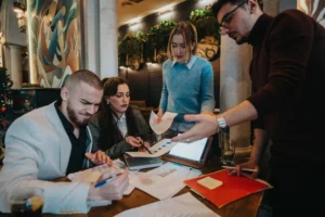 Dental team members engaged in discussion