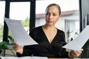 An image of a lady looking at two different bits of paper with different taks on them and evaluating how important and urgent they are